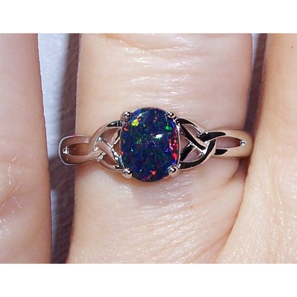 925 STERLING SILVER  Oval Lab Created Black Opal Ring - Picture 14 of 16